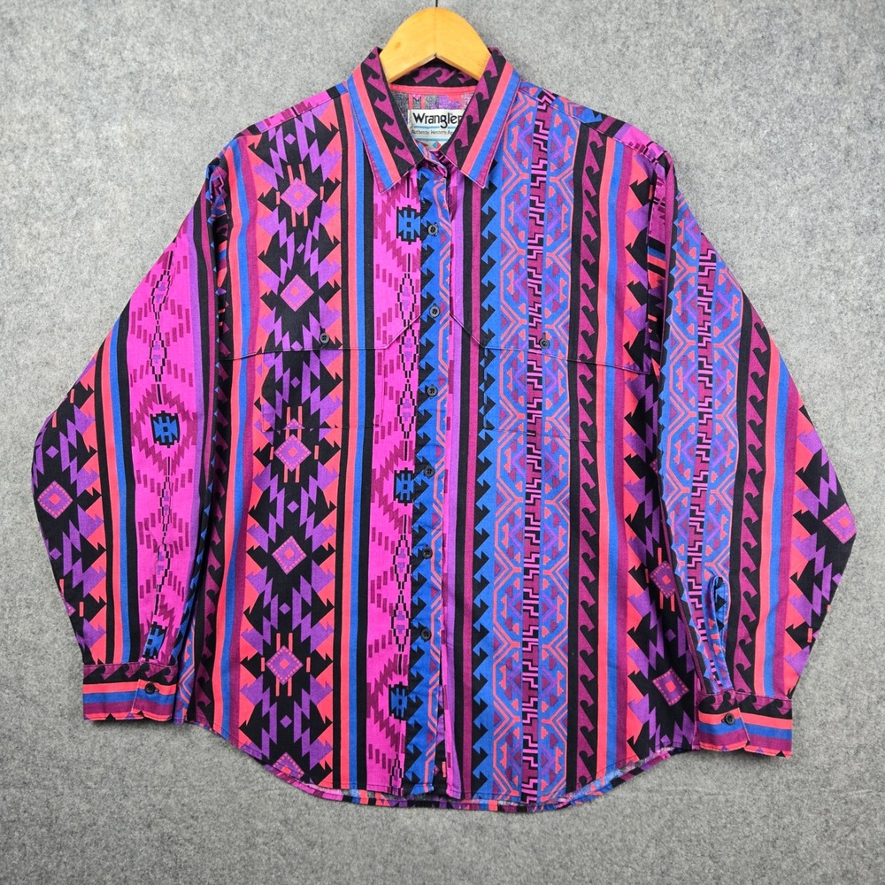 Vintage Wrangler Western Shirt Mens Medium Multi Color Aztec Geometric 90s